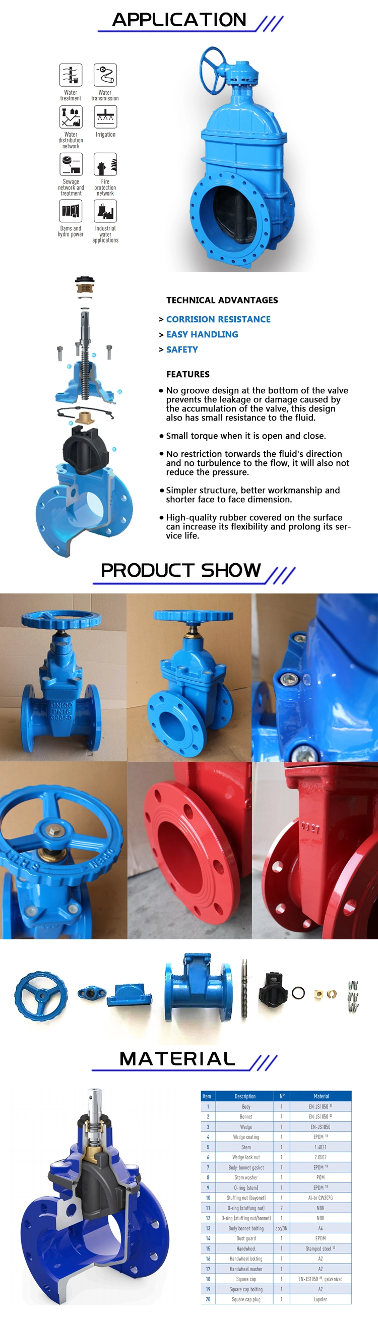 2" 4" Water Valve Resilient Seat Soft Seal Flange Water Control / Gate Valve with Manual/Electric Actuator
